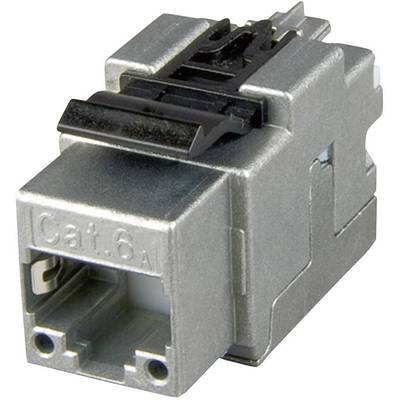 Une prise réseau Cat.6A argentée, adaptée pour la connexion de câbles Ethernet dans les réseaux de données. Forme carrée et métallique.