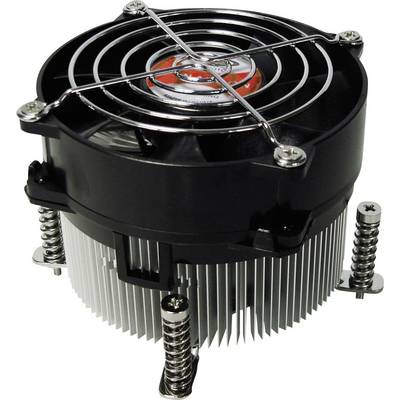 Un ventilateur de CPU noir avec un dissipateur thermique argenté et un couvercle de protection en métal. Quatre vis pour la fixation sur l'appareil.