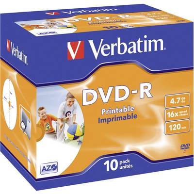 Verbatims DVD-R, 4,7 Go, vitesse 16x, 120 min. Contient 10 DVD imprimables. Emballage bleu-orange avec image d'enfants jouant.