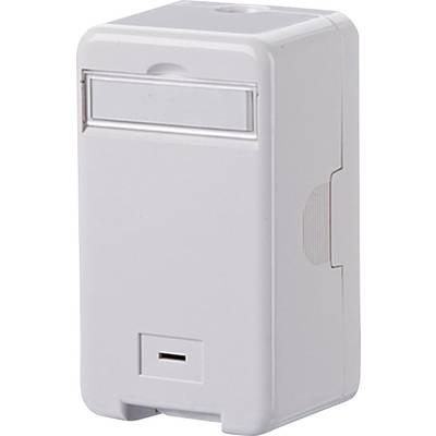 Un appareil électronique blanc rectangulaire avec un port USB sur sa face inférieure. Il pourrait servir à l'alimentation électrique ou à la recharge.