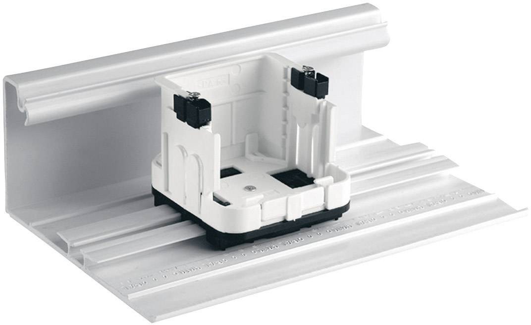 Support de rangement blanc rectangulaire avec des rails, probablement conçu pour organiser ou fixer des appareils sur une surface.