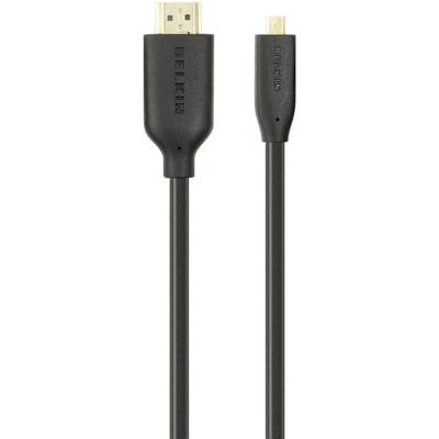Un câble HDMI noir avec deux connecteurs : un connecteur HDMI standard plus grand et un connecteur Micro-HDMI plus petit, tous deux portant la marque 'Belkin'.