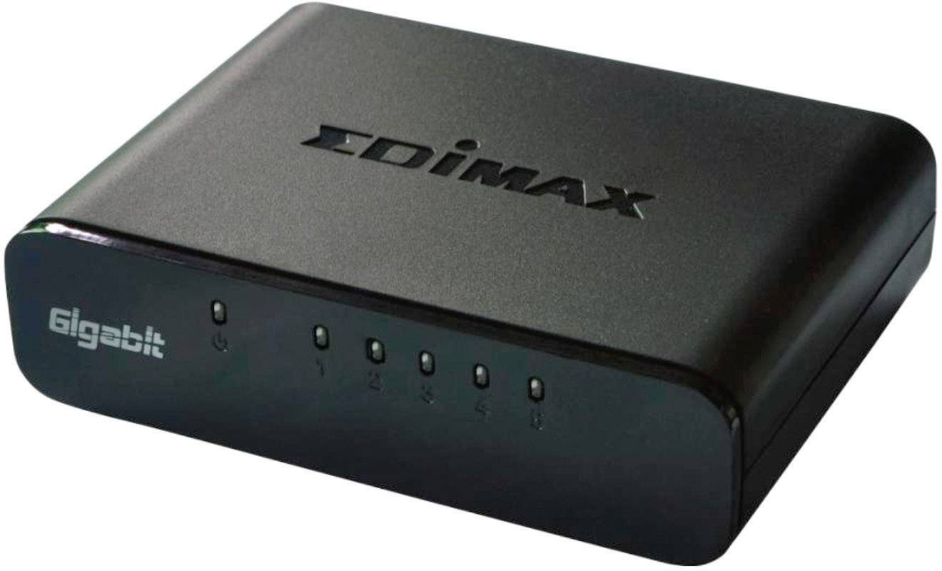 Un commutateur réseau noir portant l'inscription 'Edimax' sur le dessus et 'Gigabit' sur le côté, avec cinq voyants LED à l'avant.