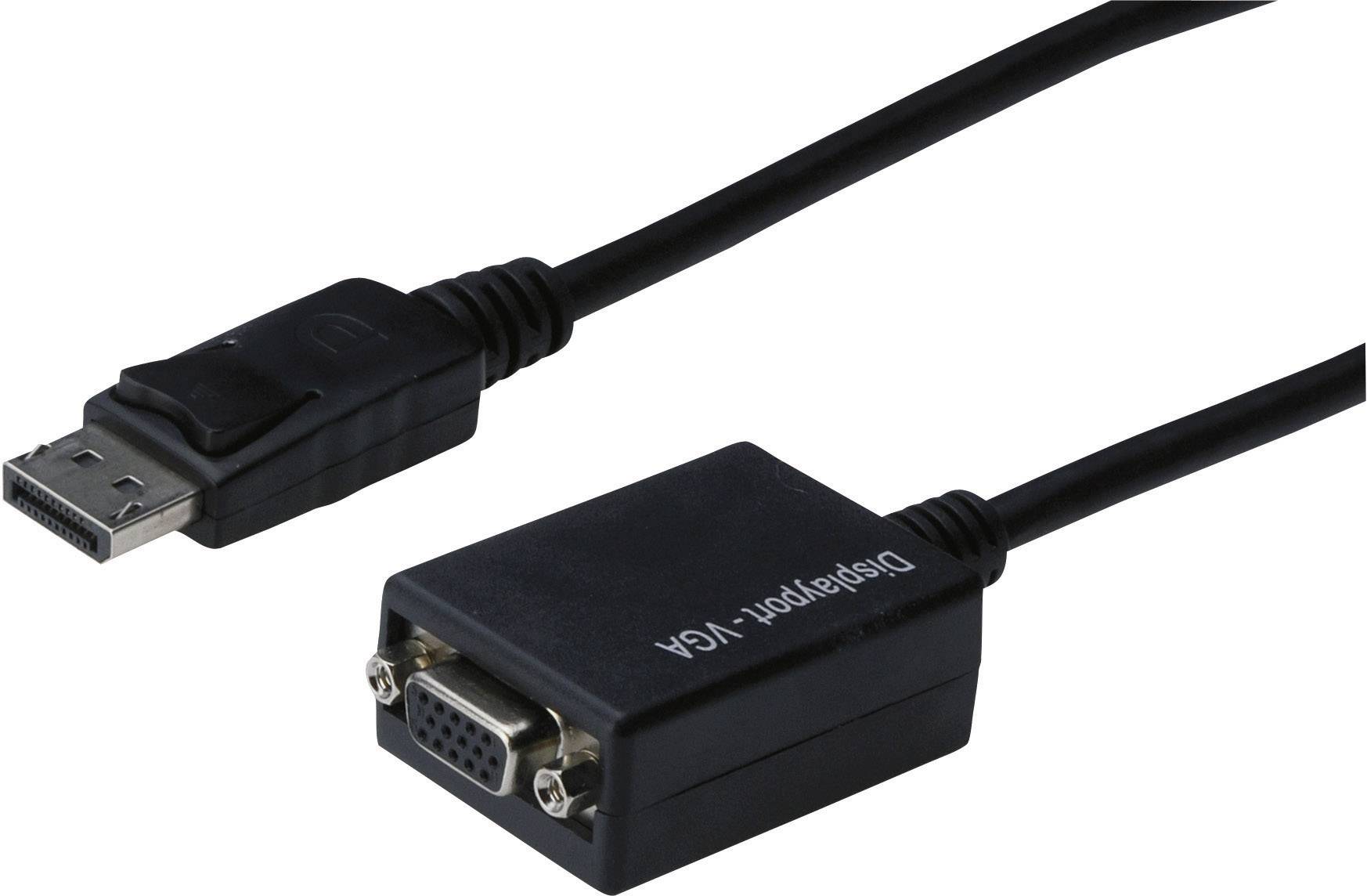 Un câble noir avec une fiche DisplayPort d'un côté et un connecteur VGA de l'autre. Adaptateur pour la connectivité des moniteurs.