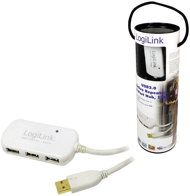 Hub USB 2.0 de LogiLink avec quatre ports et câble intégré, conditionné dans un boîtier cylindrique rond.
