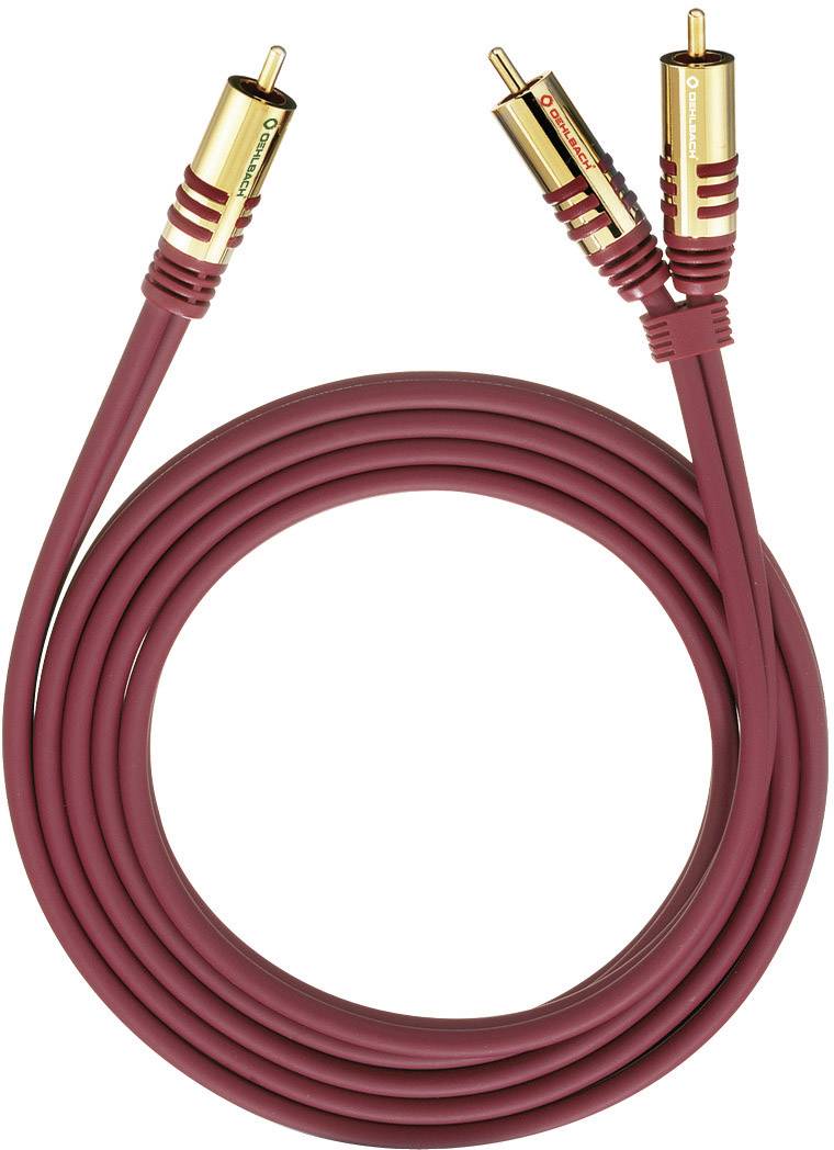 Câble cinch rouge et or, enroulé deux fois. Utilisé pour la transmission audio entre des appareils tels que des amplificateurs et des enceintes.