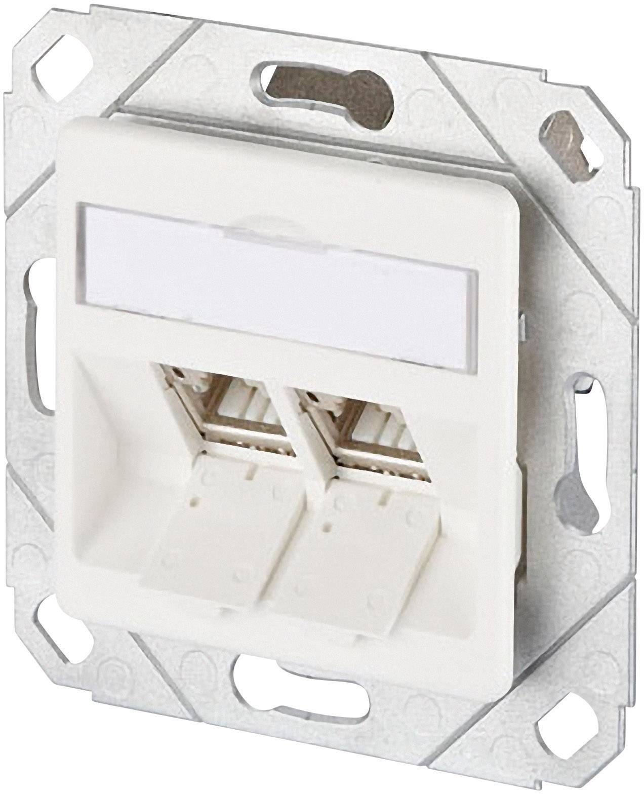 Double prise réseau intégrée dans un module mural standard, adaptée au câblage LAN. Deux ports RJ45, boîtier métallique rectangulaire.