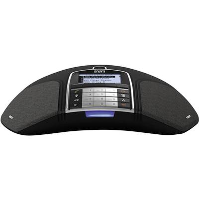 Téléphone de conférence de forme triangulaire avec écran intégré et clavier, adapté aux téléconférences professionnelles.