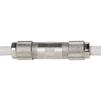 Un connecteur coaxial présente une forme cylindrique argentée avec une surface cannelée et un élément central de connexion.