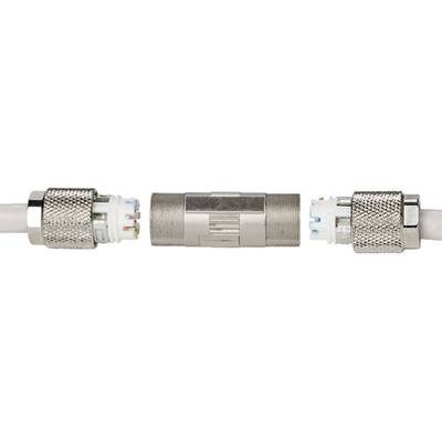 Deux fiches métalliques avec un élément de connexion au centre ; illustrant une connexion technique ou un branchement de câble.