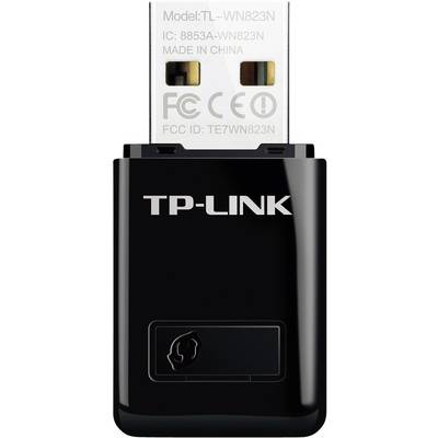 Adaptateur USB Wi-Fi TP-Link noir. Numéro de modèle : TL-WN823N, fabriqué en Chine. Les marques de marque et de certification sont visibles.