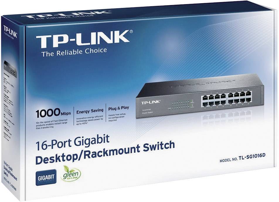 Emballage d'un commutateur de bureau/rack TP-Link de 16 ports Gigabit, modèle TL-SG1016D, avec indication de la vitesse Gigabit de 1000 Mbps et des économies d'énergie.