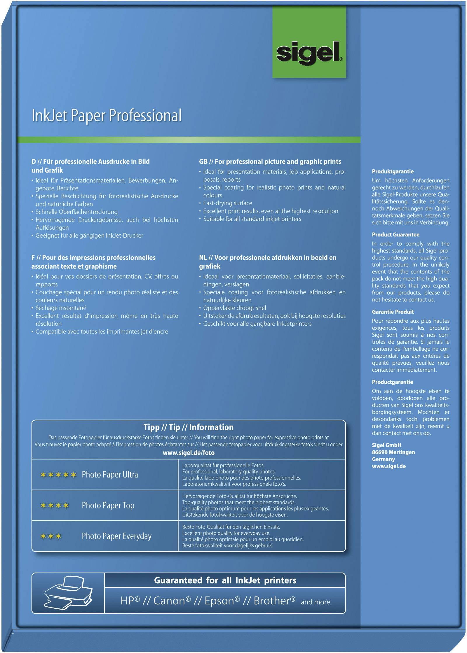 Emballage du produit pour Sigel InkJet Paper Professional dans plusieurs langues. Détails sur les types de papier et la compatibilité avec les marques d'imprimantes.
