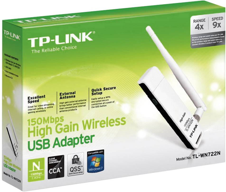 Emballage de l'Adaptateur USB Wireless TP-Link 150Mbps à Gain Élevé. Caractéristiques du produit : vitesse élevée, antenne externe, configuration simple. Compatible avec Windows 7, QSS et CCA.