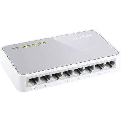 Un commutateur réseau blanc avec huit ports LAN et des voyants LED sur le dessus pour vérifier le statut.