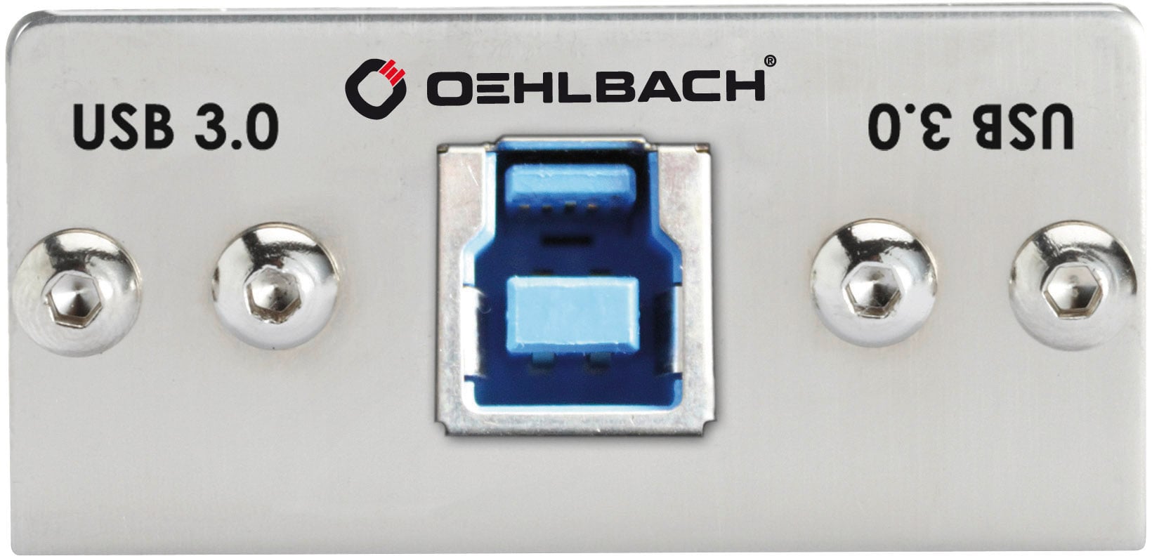 Plaque métallique avec un connecteur USB 3.0 bleu au centre, portant l'inscription 'Oehlbach' en haut. Utilisable pour des transferts de données rapides.