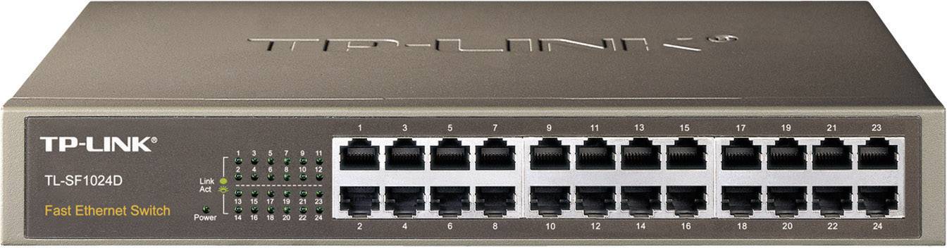 Un commutateur TP-Link Fast Ethernet avec 24 ports, modèle TL-SF1024D. Adapté pour connecter plusieurs appareils en réseau.