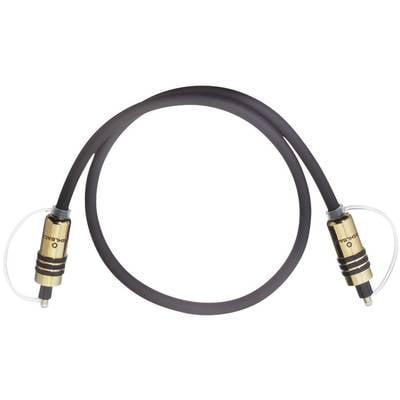 Un câble audio optique numérique avec deux connecteurs dorés à chaque extrémité et un revêtement noir.