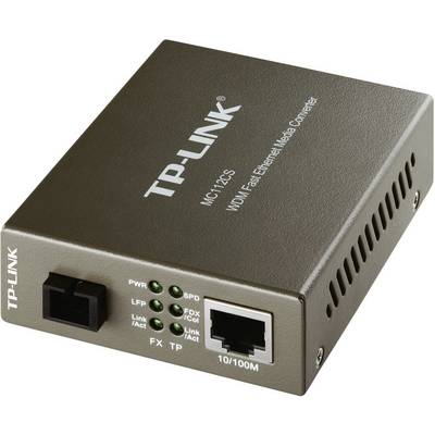 Un convertisseur média TP-Link Fast Ethernet avec des ports pour fibre optique et Ethernet, modèle MC112CS, affiche des voyants de statut et un port RJ-45.