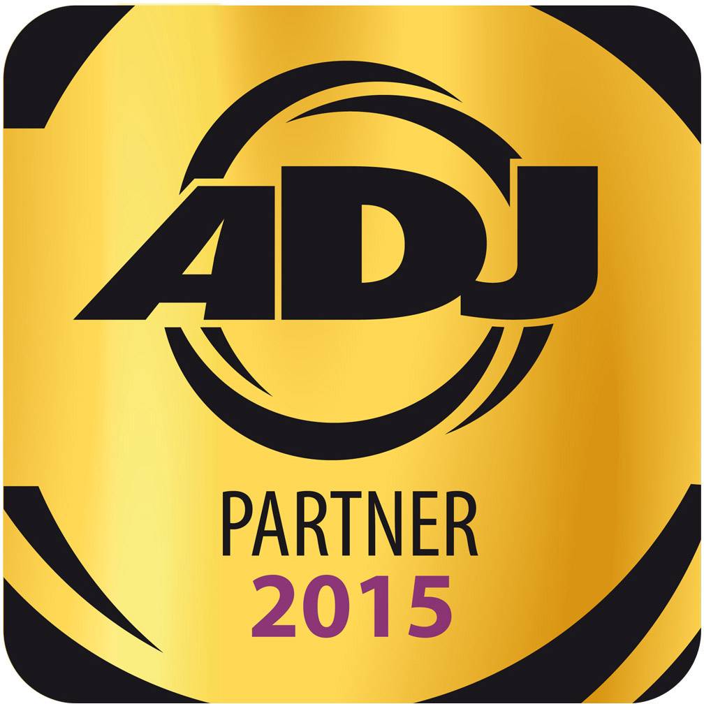 Logo « ADJ Partner 2015 », en noir et or, présentant une représentation graphique avec des éléments circulaires autour du texte.