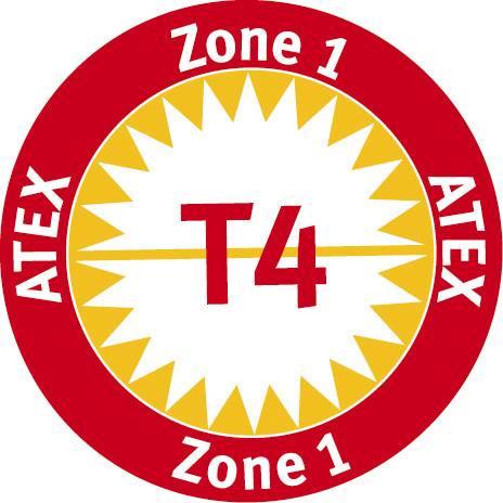 Panneau de signalisation « ATEX Zone 1 T4 ». Un cercle rouge avec un cercle intérieur dentelé jaune indique la zone ATEX et la protection thermique pour les zones présentant des risques d'explosion.