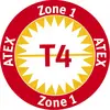 Panneau de signalisation « ATEX Zone 1 T4 ». Un cercle rouge avec un cercle intérieur dentelé jaune indique la zone ATEX et la protection thermique pour les zones présentant des risques d'explosion.