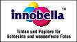 Logo 'Innobella' avec trois cercles colorés. Texte en dessous : « Encres et papiers pour des photos résistantes à la lumière et à l'eau ».