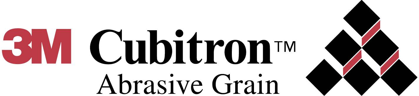 Logo '3M Cubitron Abrasive Grain' avec un lettrage '3M' rouge et un design géométrique noir sur le côté droit.