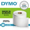 Rouleau d'étiquettes DYMO 'Fabriqué en Europe, Belgique', avec la mention 'Toujours utiliser des étiquettes DYMO originales'.