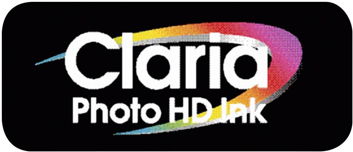 Étiquette portant l'inscription « Claria Photo HD Ink » en blanc sur un fond noir avec un dégradé de couleurs en arrière-plan.