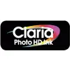Étiquette portant l'inscription « Claria Photo HD Ink » en blanc sur un fond noir avec un dégradé de couleurs en arrière-plan.