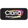 Logo avec l'inscription 'Claria Premium Ink', entouré d'un ruban ondulant aux couleurs arc-en-ciel sur un fond noir.
