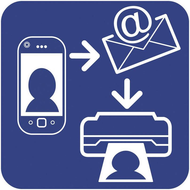 Un symbole représente un smartphone envoyant un e-mail et un appareil imprimant une photo. Le thème est l'envoi et l'impression d'images numériques.