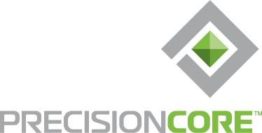 Un logo portant l'inscription 'PRECISIONCORE' présente un carré stylisé, orienté en diagonale, avec un élément central de couleur lilas.