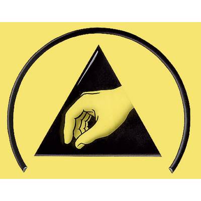Une image stylisée d'une main tenant une forme circulaire dans un triangle noir sur un fond jaune.