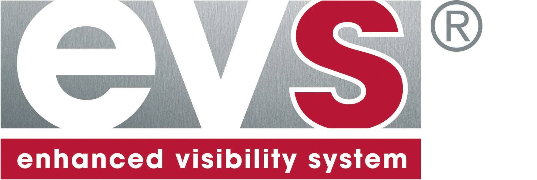 Logo 'evs' avec le texte 'enhanced visibility system', fond argenté, texte en rouge.