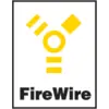 Logo avec un symbole jaune rappelant une lettre sur fond blanc. En dessous, le mot 'FireWire' est inscrit en lettres noires.