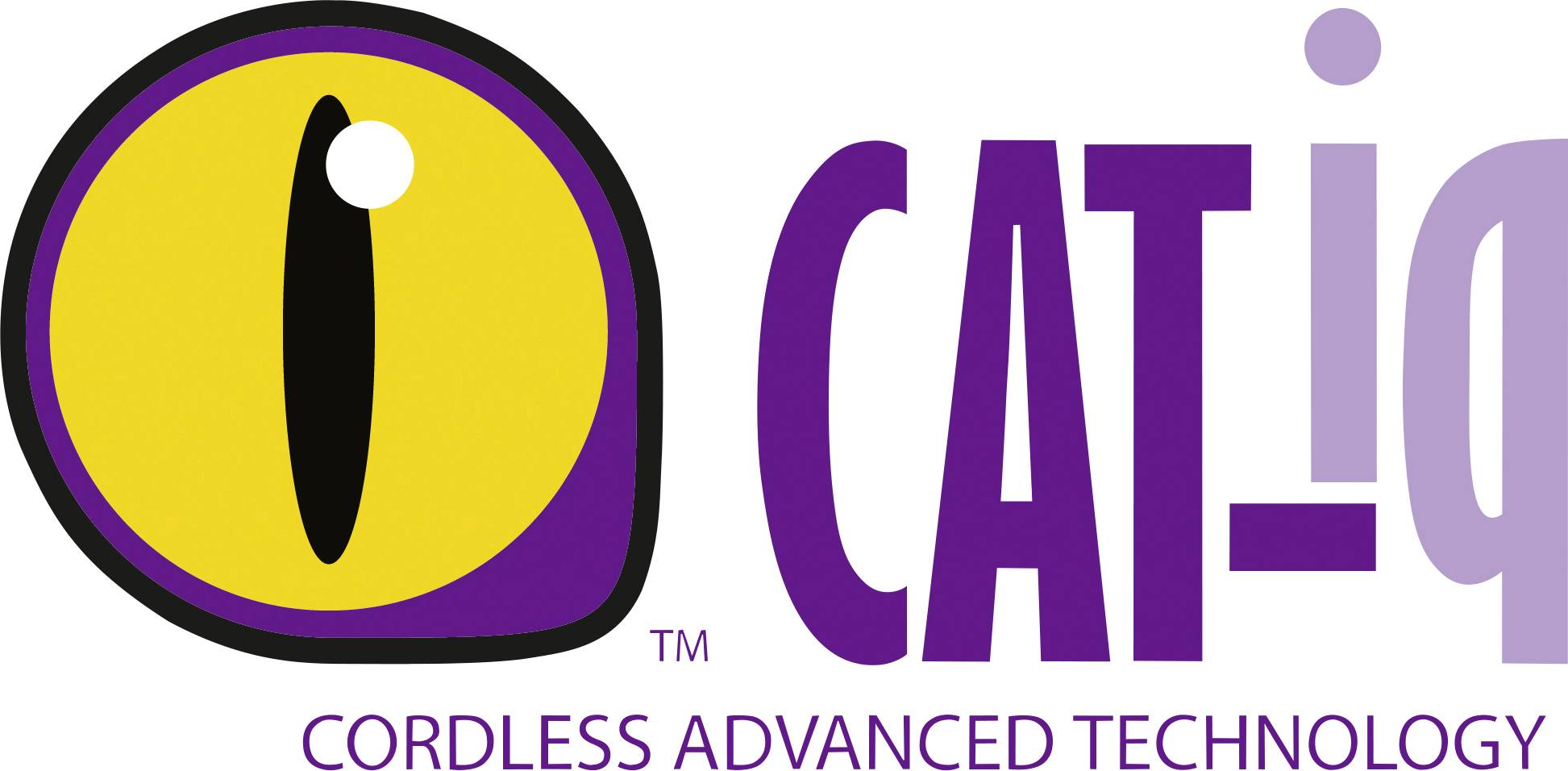 Logo 'CAT-iq Technologie Avancée Sans Fil' avec un œil de chat stylisé jaune et un texte en violet.