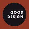 Un cercle noir sur un fond rouge avec le texte blanc 'GOOD DESIGN' au centre.
