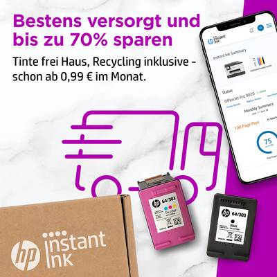 Parfaitement approvisionné et économisez jusqu'à 70%. Encre livrée à domicile, recyclage inclus - dès 0,99 EUR par mois.' montre HP Instant Ink, cartouches d'encre et écran de smartphone.