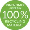 "100% Recycling Material" est inscrit en anglais et en allemand dans un cercle vert, ce qui indique l'utilisation complète de matériaux recyclés.
