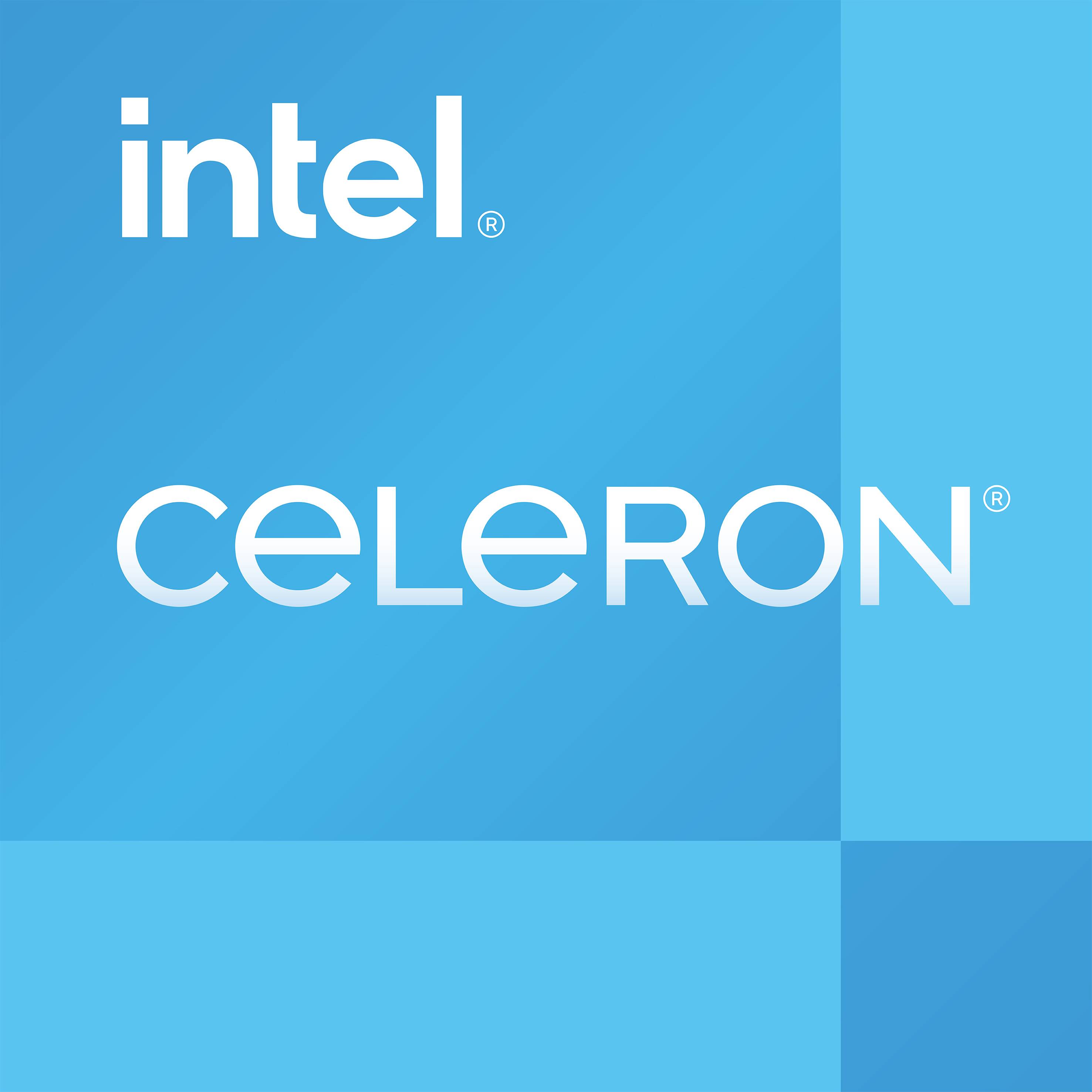 L'image montre le logo Intel au-dessus du logo Celeron sur un fond bleu.