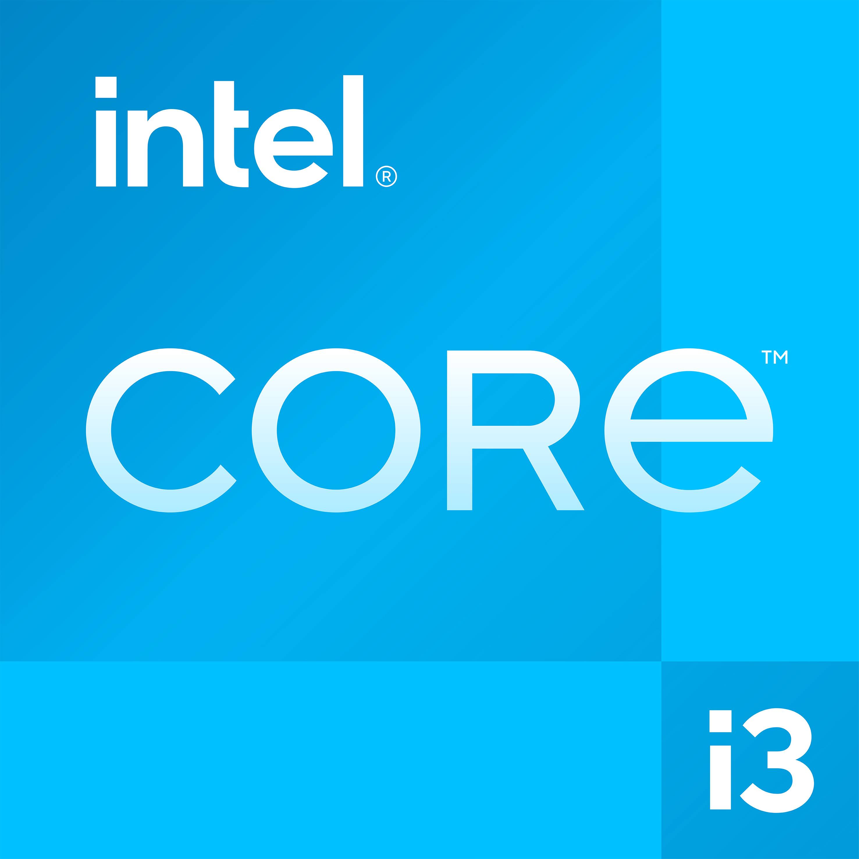 Logo pour Intel Core i3. En haut à gauche est écrit 'intel', en dessous 'CORE'. En bas à droite dans un encadré 'i3'. La couleur dominante est le bleu.