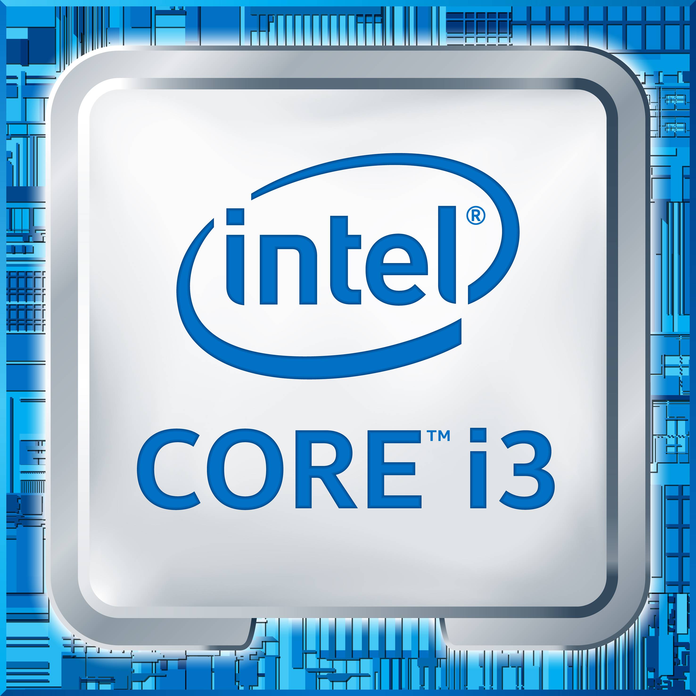 Un logo de processeur Intel Core i3 affiche le symbole bleu d'Intel et l'inscription 'CORE i3' sur un fond argenté.