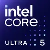 Logo 'Intel Core Ultra 5' sur fond bleu avec des points numériques.