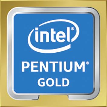 Un logo sur fond bleu affiche l'emblème 'Intel Pentium Gold'.