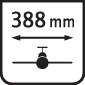 'Panneau indiquant 398 mm, avec une double flèche pointant sur la taille et un symbole en dessous représentant un point central.'
