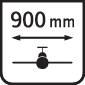 Panneau de '900 mm' avec des flèches indiquant la distance, au-dessus d'une vue de dessus d'un avion.