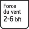 Panneau portant l'inscription 'Force du vent 2-6 bft', texte noir sur fond blanc.