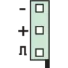 Rectangle vert vertical contenant trois carrés noirs à l'intérieur ; à gauche, un signe '+' et un signe '-'.